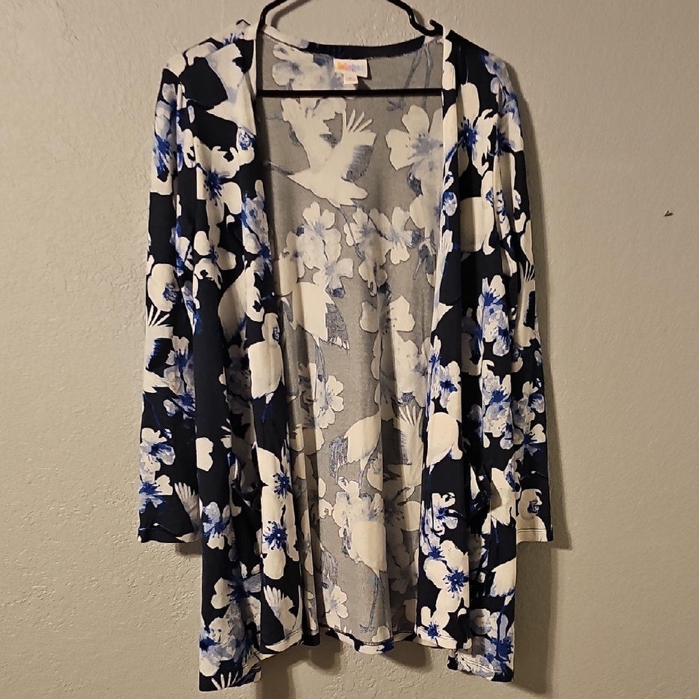 LuLaRoe Blue and White Floral Caroline Cardigan Sweater